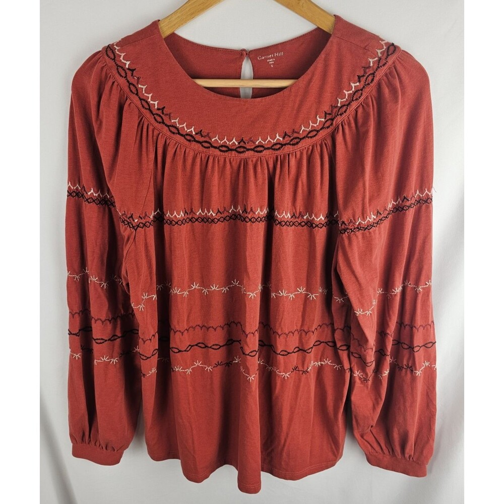 Garnet Hill Sze Small Dahlia Embroidered Knit Top Boho Orange Blouse Long Sleeve